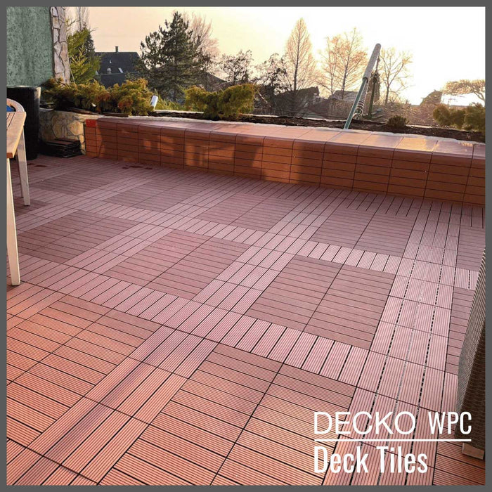 <b>Deck Tiles</b> - Premium WPC Interlocking - <b>BROWN</b> | DECKO (11.8" x 11.8" x 0.8" tile) - (One Piece)