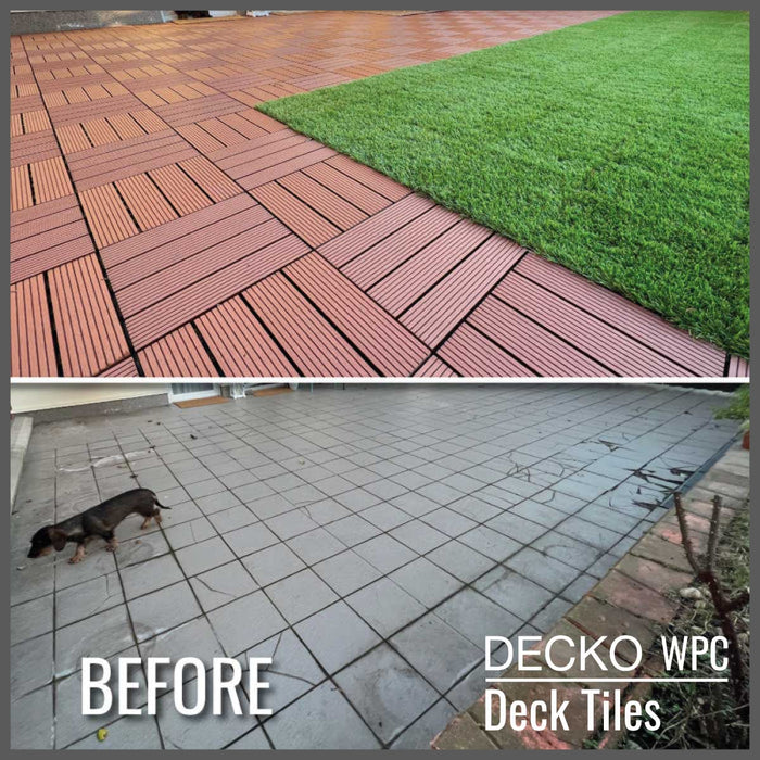 <b>Deck Tiles</b> - Premium WPC Interlocking - <b>BROWN</b> | DECKO (11.8" x 11.8" x 0.8" tile) - (One Piece)