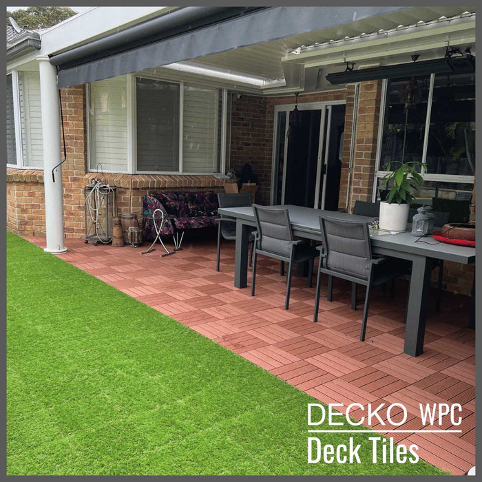 <b>Deck Tiles</b> - Premium WPC Interlocking - <b>BROWN</b> | DECKO (11.8" x 11.8" x 0.8" tile) - (One Piece)