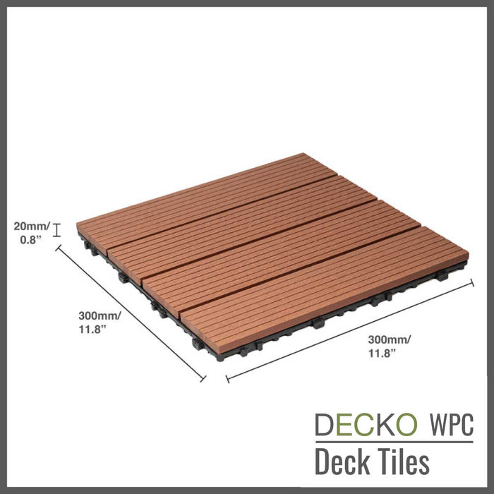 <b>Deck Tiles</b> - Premium WPC Interlocking - <b>BROWN</b> | DECKO (11.8" x 11.8" x 0.8" tile) - (One Piece)