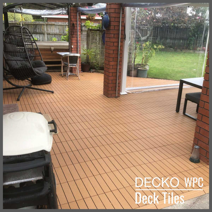 <b>Deck Tiles</b> - Premium WPC Interlocking - <b>TEAK</b> | DECKO (11.8" x 11.8" x 0.8" tile) - (One Piece)