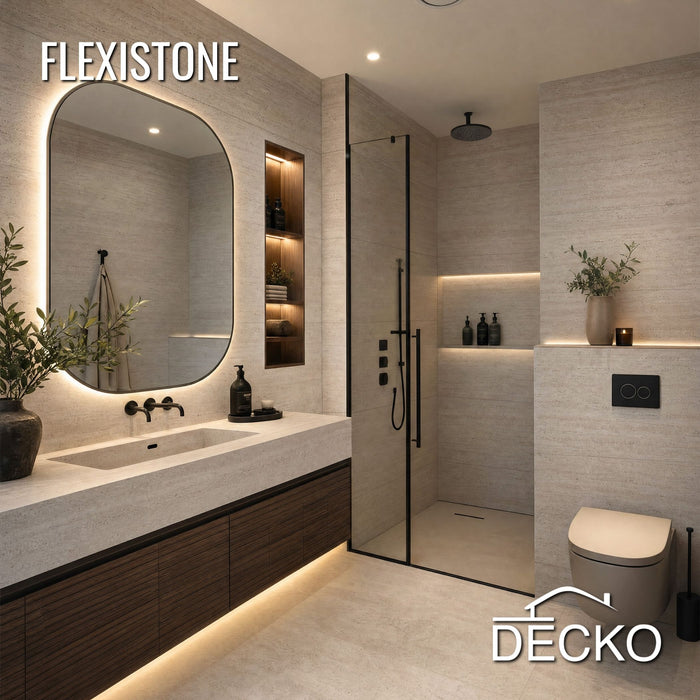 Flexible 3D Stone Wall Panels - <b> GRANDE TRAVERTINO CREMA </b> - Box of 6 panels (47.2" x 23.6") 46.5 sqft coverage | DECKO Flexistone