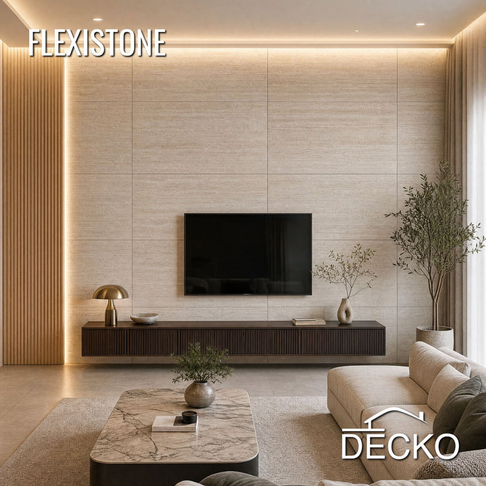 Flexible 3D Stone Wall Panels - <b> GRANDE TRAVERTINO CREMA </b> - Box of 6 panels (47.2" x 23.6") 46.5 sqft coverage | DECKO Flexistone
