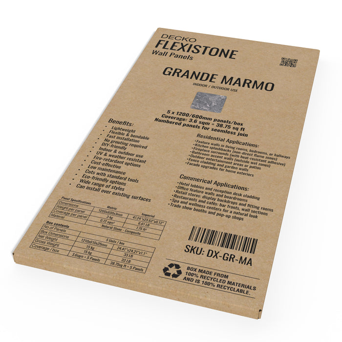 Flexible 3D Stone Wall Panels - <b>GRANDE MARMO</b> - Box of 5 serial panels (47.2" x 23.6") <b>38.75 sqft </b> coverage | DECKO Flexistone