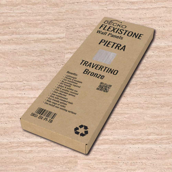 Flexible 3D Stone Wall Panels - <b>PIETRA TRAVERTINO BRONZE</b> - Box of 16 panels (35.4" x 11.8") <b>46.5 sqft</b> coverage | DECKO Flexistone