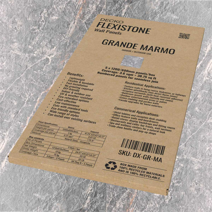 Flexible 3D Stone Wall Panels - <b>GRANDE MARMO</b> - Box of 5 serial panels (47.2" x 23.6") <b>38.75 sqft </b> coverage | DECKO Flexistone
