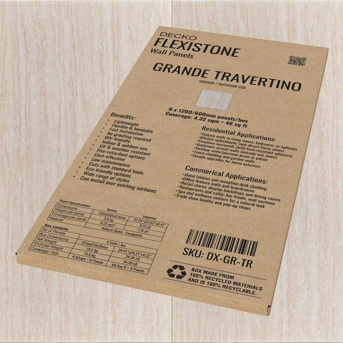 DECKO Flexistone  Stone Wall Panels – <b>GRANDE TRAVERTINO</b> - Box of 42.7" x 23.6" flexible stone panels
