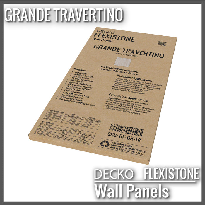 DECKO Flexistone  Stone Wall Panels – <b>GRANDE TRAVERTINO</b> - Box of 42.7" x 23.6" flexible stone panels