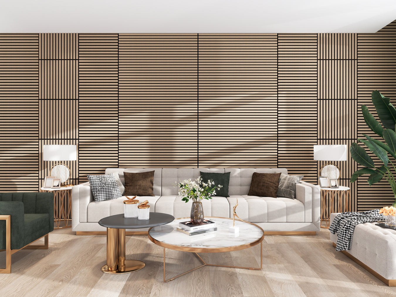 Contemporary living room with DECKO acoustic panels in natural wood finish, modern acoustic wall panels creating a warm and stylish feature wall behind sofa