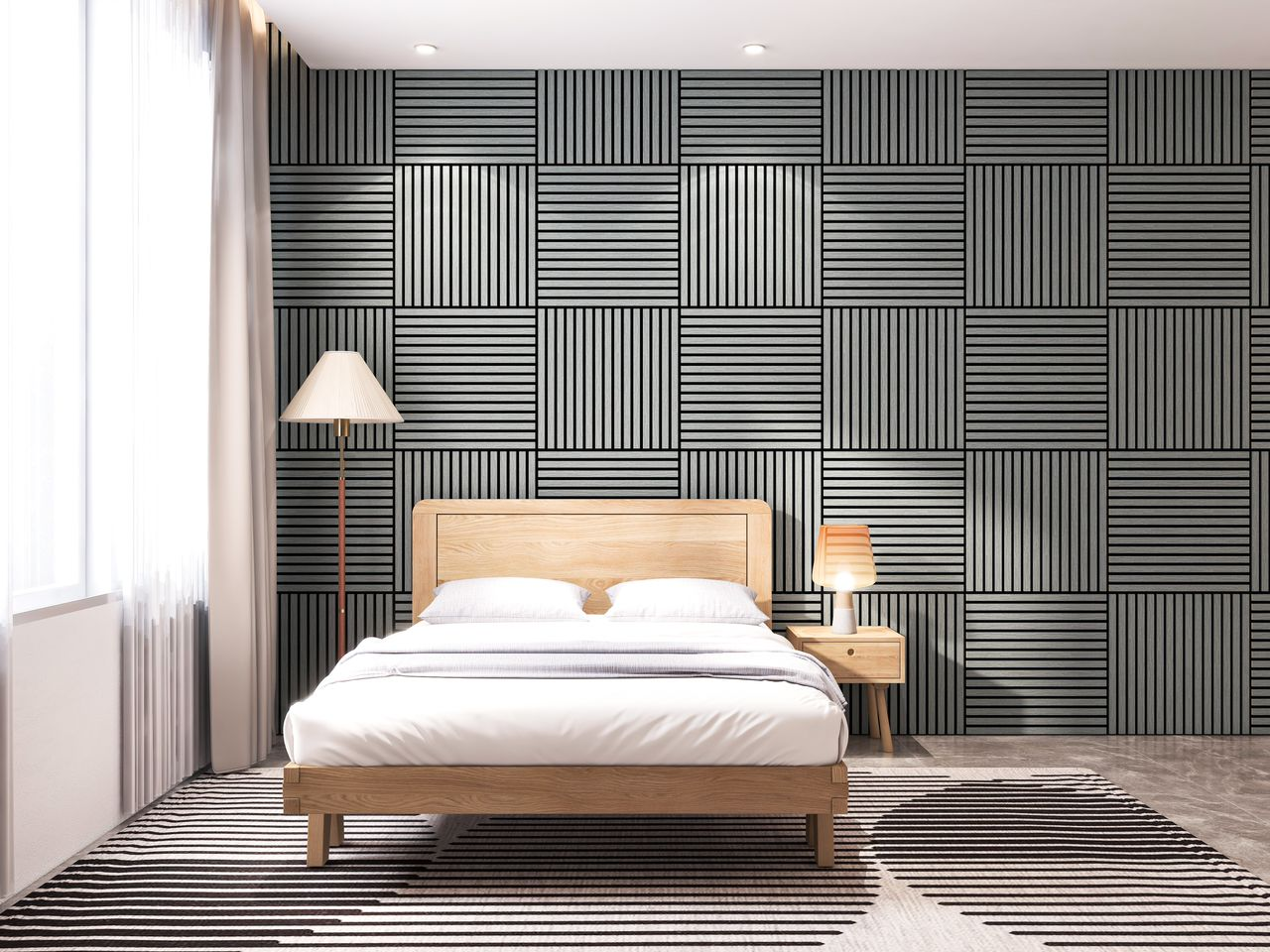 Modern bedroom with DECKO acoustic panels as a feature wall, using acoustic wall panels for a stylish and contemporary interior design