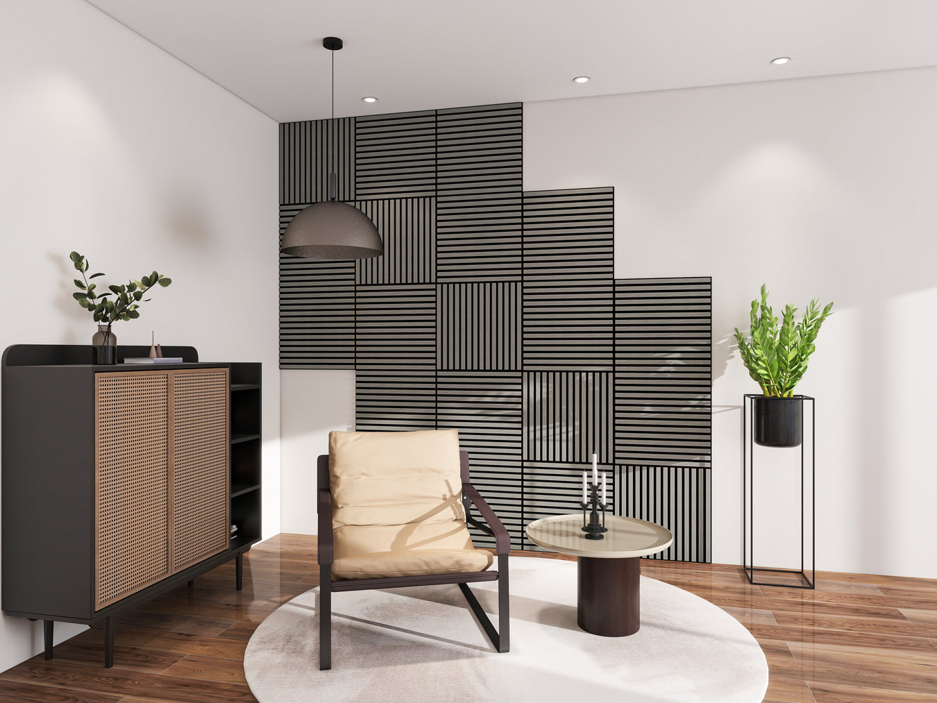 Modern living room with DECKO acoustic panels in a geometric pattern, creating a stylish feature wall with acoustic wall panels for contemporary design