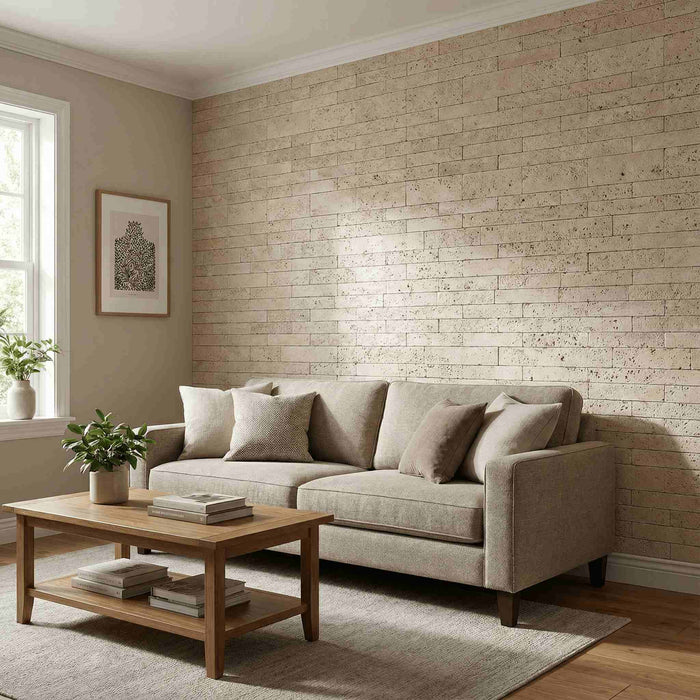 Flexible 3D Stone Wall Panels - <b>BRICO TRAVERTINO</b> - Box of 12 Interlocking Peel-and-Stick Panels <b>11.63 sqft</b> coverage | DECKO Flexistone
