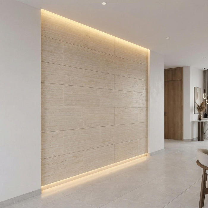 Flexible 3D Stone Wall Panels - <b>PIETRA TRAVERTINO</b> - Box of 16 panels (35.4" x 11.8") <b>46.5 sqft</b> coverage | DECKO Flexistone