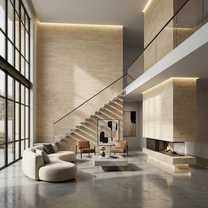 Flexible 3D Stone Wall Panels - <b>BRICO TRAVERTINO</b> - Box of 12 Interlocking Peel-and-Stick Panels <b>11.63 sqft</b> coverage | DECKO Flexistone