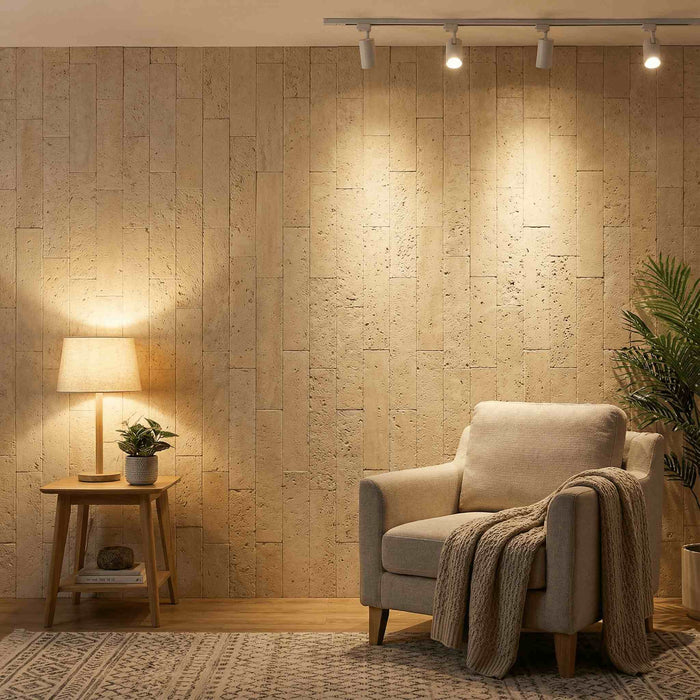Flexible 3D Stone Wall Panels - <b>BRICO TRAVERTINO</b> - Box of 12 Interlocking Peel-and-Stick Panels <b>11.63 sqft</b> coverage | DECKO Flexistone