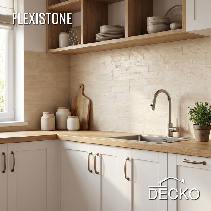Flexible 3D Stone Wall Panels - BRICO TRAVERTINO - Box of 12 Interlocking Peel-and-Stick Panels 11.63 sqft coverage | DECKO Flexistone