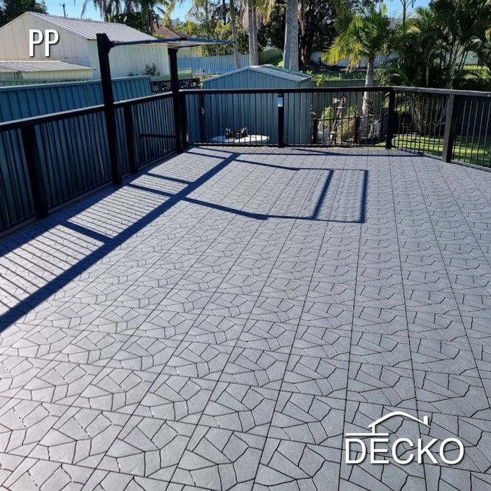 Deck Tiles - GREYSTONE - Interlocking PP Flooring- High End Polypropylene | 100% Recyclable | DECKO Lite (12" x 12" x 0.78" tile)