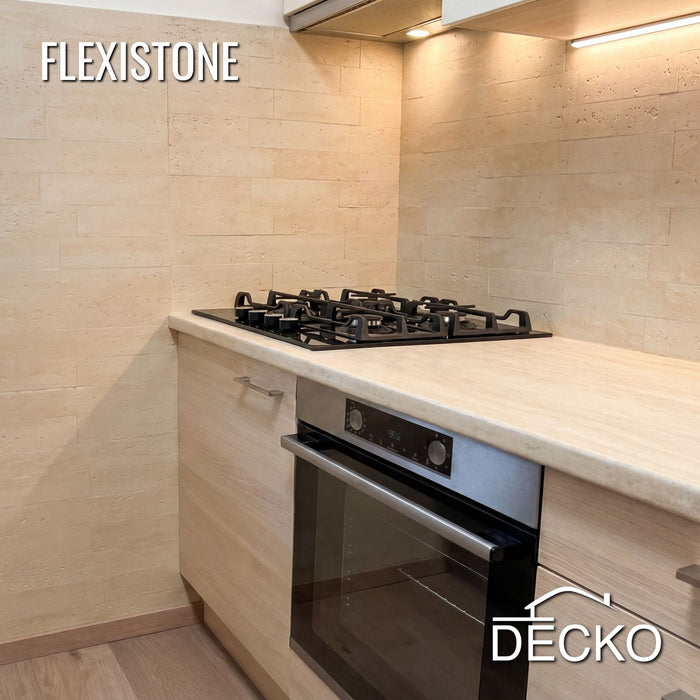 Flexible 3D Stone Wall Panels - BRICO TRAVERTINO - Box of 12 Interlocking Peel-and-Stick Panels 11.63 sqft coverage | DECKO Flexistone