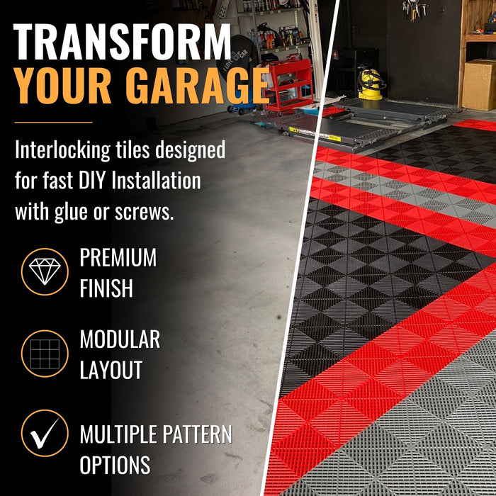Garage Tile - BLACK - Interlocking PP Flooring - High End Polypropylene | 100% Recyclable | DECKO DURANTE (15.8" x 15.8" x 0.7" tile)