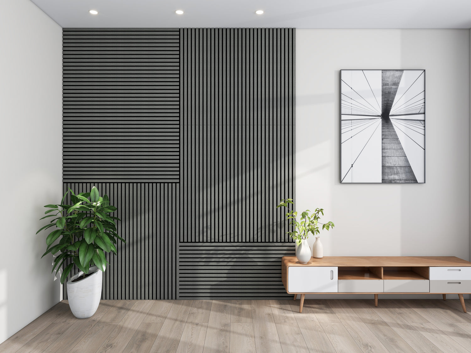 Modern interior with DECKO acoustic panels in vertical and horizontal patterns, black acoustic wall panels creating a stylish feature wall design