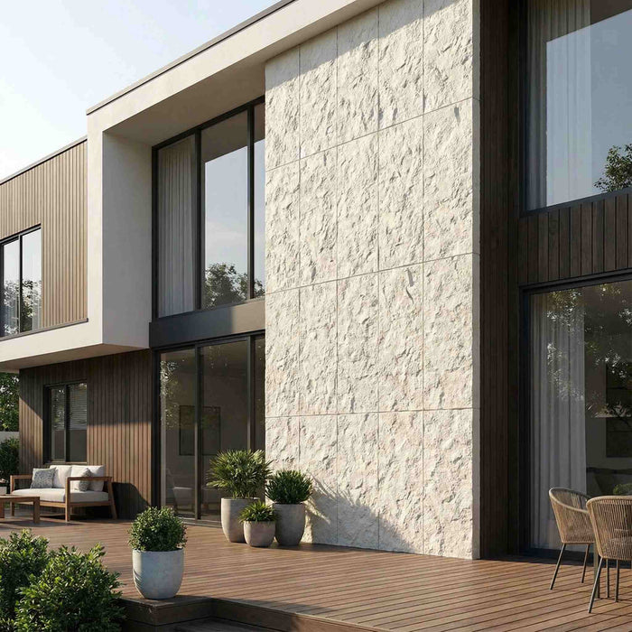 Flexible 3D Stone Wall Panels - <b>GRANDE BIANCO</b> - Box of 5 serial panels (47.2" x 23.6") <b>38.75 sqft </b> coverage | DECKO Flexistone